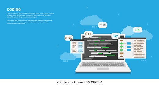 flat style banner design, coding, programming, application development concept