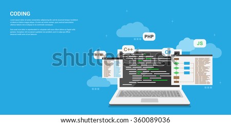 flat style banner design, coding, programming, application development concept