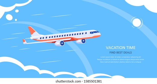 Flat style banner design for flight online booking service. Vector Airplane above the clouds. Vacation and travel. Flat style illustration.