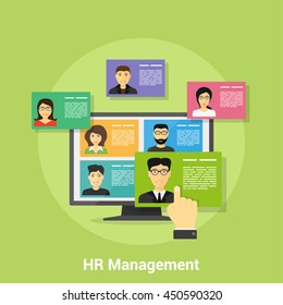 flat style banner design of human resource management concept, picture of pc monitor with people avatars