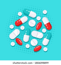 Flat style banner design with medicines. Tablets, capsules, drug of painkillers, antibiotics, vitamins. Vector illustration for medical or healthcare presentation, websites and layout template design