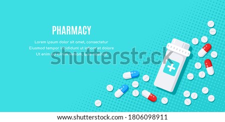 Flat style banner design with medicines. Tablets, capsules, drug of painkillers, antibiotics, vitamins and small bottle. Vector illustration for medical or healthcare presentation, website design