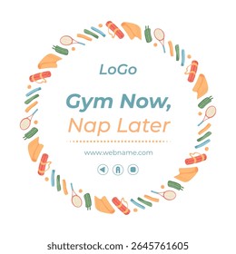 Conception de bannière de style plat avec équipement de sport dans un cadre circulaire. Concept de remise en forme, d'activité physique et de mode de vie sain. Arrière-plan coloré pour thèmes d'entraînement.