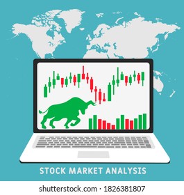 Diseño de pancartas de estilo plano. Concepto de análisis del mercado de valores, negociación de divisas en línea, inversión. Concepto de mercado de inversiones financieras y bursátiles. El mercado alcista en el que se espera un aumento de los precios de los valores.