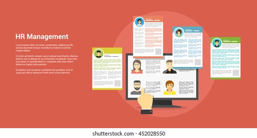 flat style banner, human resource and recruiting concept, pc monitor and cv files with people avatars