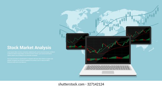 Flat Style Banner Illustration Of Stock Market Analysis, Online Forex Trading Concept