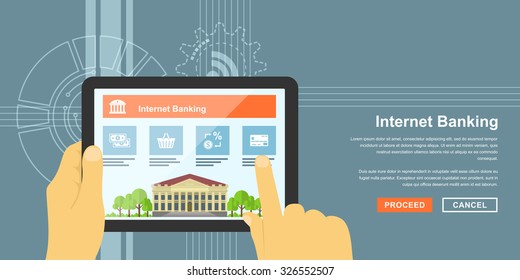 flat style banner of internet banking concept, picture of human hands with tablet with internet banking interface