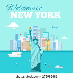 Flat style banner with new york city view and the Statue of Liberty in front of it. 