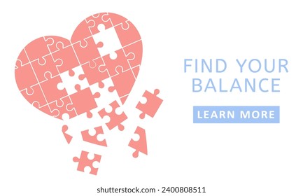 Flat style banner with puzzle heart falling apart, symbolizing separation, heartbreak, and lost love. Impactful illustration for various design projects.