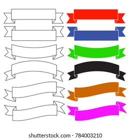 Flat style banner ribbons. Flatm curved, colorful. Isolated on white background. Illustration set.