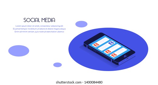 Flat style banner for social media concept. Smartphone in isometric view with social media icons.