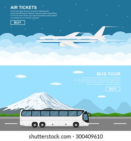 flat style banners, flying plain above the sky, moving bus in front of mountains, flat style illustration