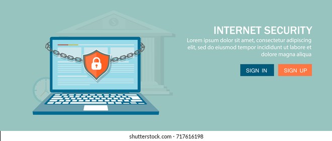 Flat style banners set. Security concept with lock and chain around laptop. Search engine concept with a magnifying glass and a laptop. eps10
