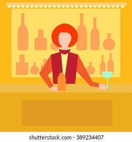 Flat style bar barman woman . Vector illustration