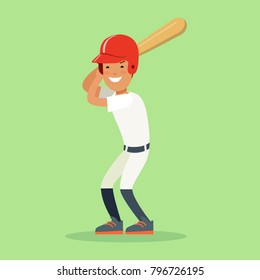 Flat style baseball batter hitter vector character collection. Athlete player sportsmen man with baseball bat. Team sports high detail illustration.