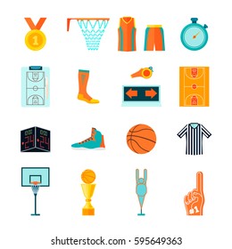 flat style basketball icons, ball, court, hoop, fan and referee equipment, apparel and devices