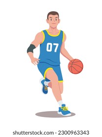 Flat style basketball player dribbling cartoon illustration