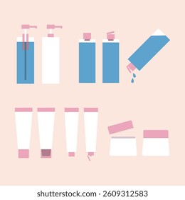 Flat style bathroom product illustration set.Skin care products such as body wash, lotion, and cream.