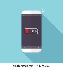 Flat style with battery alert on the smart phone screen ,vector design Element