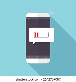 Flat style with battery alert on the smart phone screen ,vector design Element