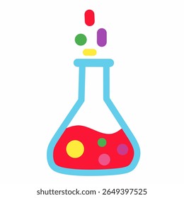 Flat style beaker filled with red liquid and bubbles. Perfect for chemistry experiments, science class illustrations, and educational lab visuals.