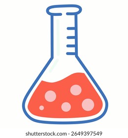 Flat style beaker filled with red liquid and bubbles. Perfect for chemistry experiments, science class illustrations, and educational lab visuals.
