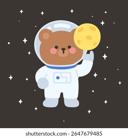 Flat Style Bear Astronaut Holding Mini Moon with Starry Space Background Vector Illustration
