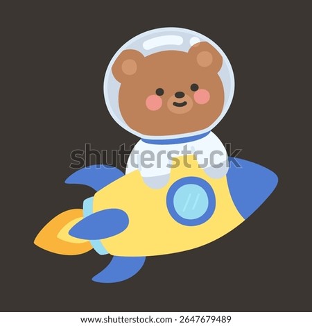 Flat Style Bear Astronaut Riding Colorful Rocket in Space Vector Illustration