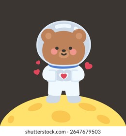 Flat Style Bear Astronaut Standing on Moon with Heart Symbols Vector Illustration