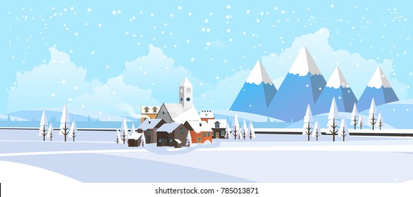 Flat Style Beautiful Landscape Illustration, with Little Town and Church..