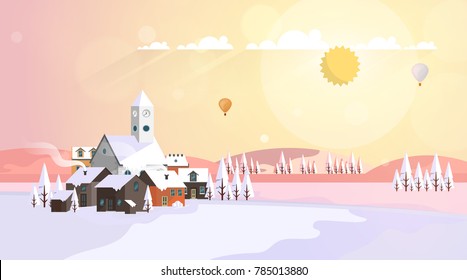 Flat Style Beautiful Landscape Illustration, with Little Town and Church..
