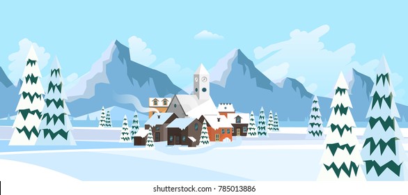 Flat Style Beautiful Landscape Illustration, with Little Town and Church..