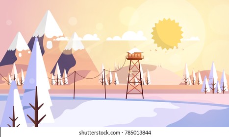 Flat Style Beautiful Landscape, Natural Parkland Illustration, with Wooden ViewPoint Building, Fire Lookout Tower.