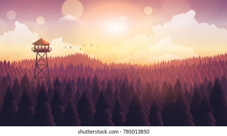 Flat Style Beautiful Landscape, Natural Parkland Illustration, with Wooden ViewPoint Building, Fire Lookout Tower.