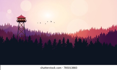 Flat Style Beautiful Landscape, Natural Parkland Illustration, with Wooden ViewPoint Building, Fire Lookout Tower.