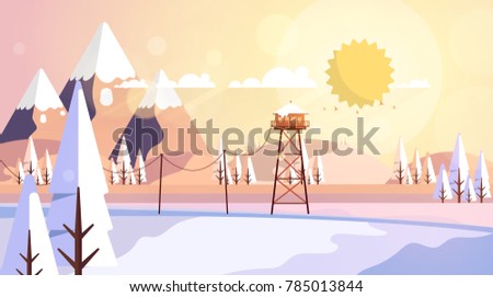 Flat Style Beautiful Landscape, Natural Parkland Illustration, with Wooden ViewPoint Building, Fire Lookout Tower.