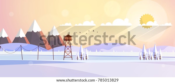 Flat Style\
Beautiful Landscape, Natural Parkland Illustration, with Wooden\
ViewPoint Building, Fire Lookout\
Tower.