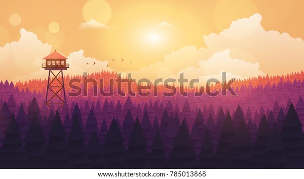 Flat Style\
Beautiful Landscape, Natural Parkland Illustration, with Wooden\
ViewPoint Building, Fire Lookout\
Tower.