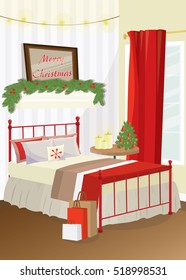 Flat style bedroom interior decorated for Christmas. Vector illustration.