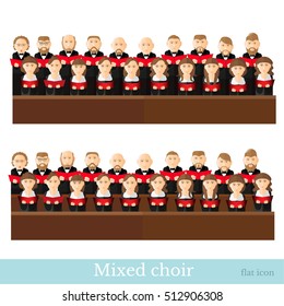 Flat style big mixed choir in two raws with black suits and red cover notes on white background