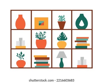 Flat style big shelf with home decor vector illustration. Vase, house plants in pot, candles and books.