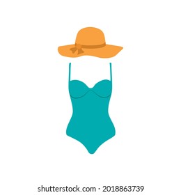 Flat Style Bikini Swimsuit and Floppy Hat Vector illustartion. One Piece Style Bikini Women's Swimwear Beachwear set, Bathing Suits. Cartoon Cross-ever Bikini Vector icon isolated on white background
