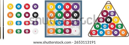 Flat style billiard ball and cue vector set with numbered pool balls, triangle rack, cue sticks and storage box for game UI, sport icon design, infographic and educational use