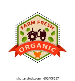 Flat style of bio organic eco healthy food label logo template and vintage vegan farm element in orange green color badge vector illustration.