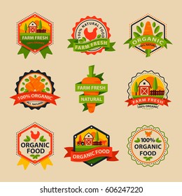 Flat style of bio organic eco healthy food label logo template and vintage vegan farm element in orange green color badge vector illustration.