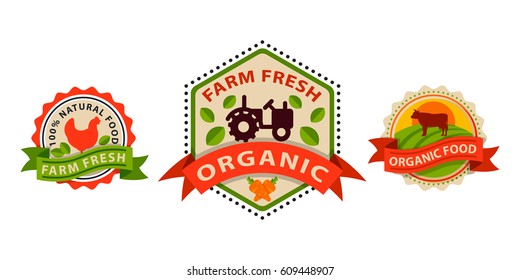 Flat style of bio organic eco healthy food label logo template and vintage vegan farm element in orange green color badge vector illustration.