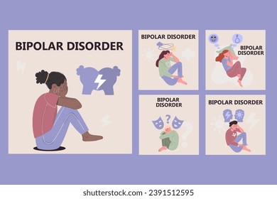 Publicaciones de colección de medios sociales de desorden bipolar de estilo plano.