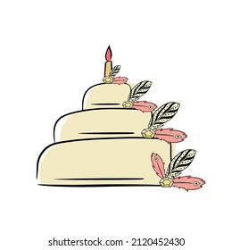 Flat style birthday cake. Vector illustration in boho style, happy birthday. Feathers and diamonds