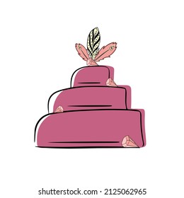 Flat style birthday cake. Vector illustration in boho style, happy birthday. Feathers and diamonds