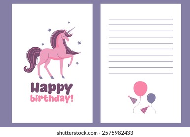 Flat style birthday card featuring a graceful unicorn with balloons and party hats, perfect for adding a magical and festive touch to birthday celebrations.